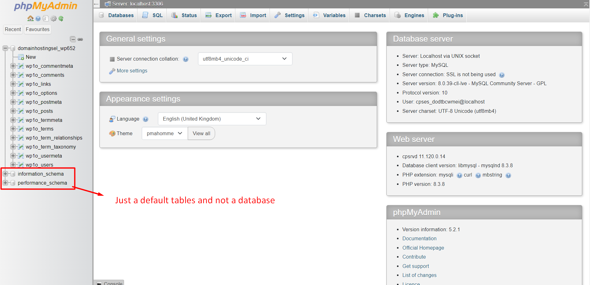 phpMyAdmin database information - cPanel