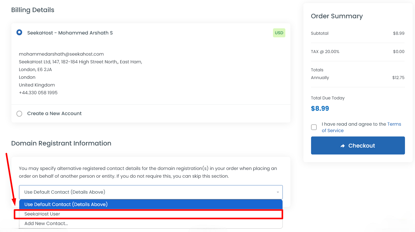 Select Contact For Domain Register - SeekaHost