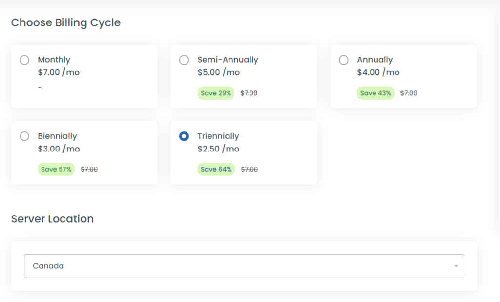 Choose Billing Cycle and Server Location