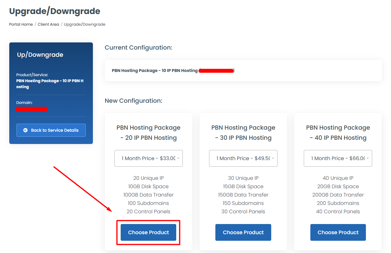 Choose Product - PBN Upgrade