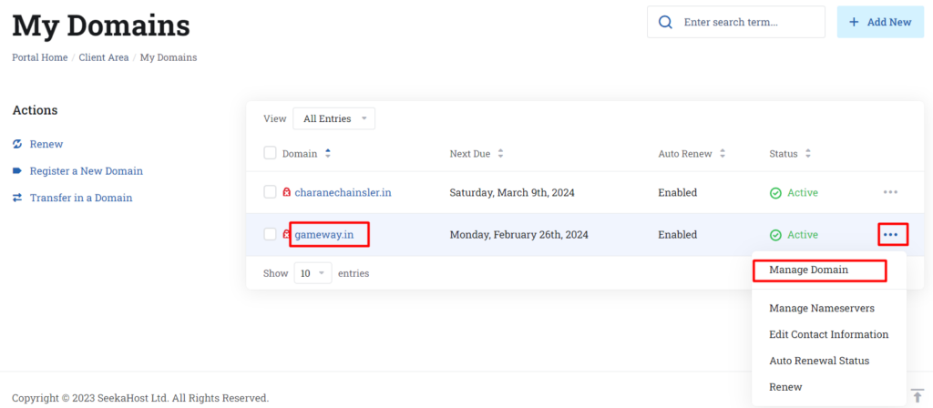 Manage Domain - SeekaHost