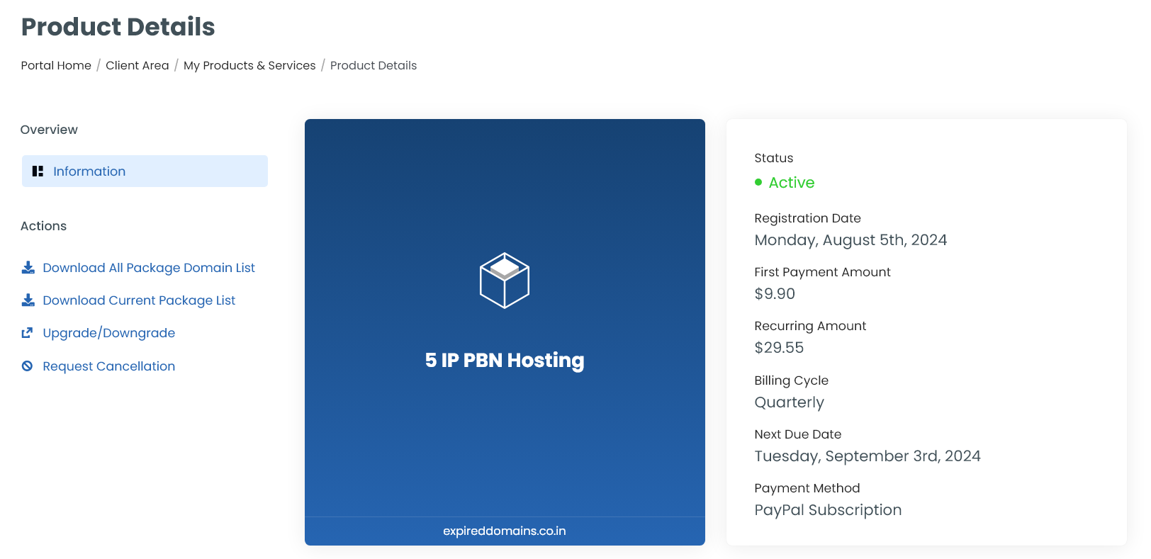 Product Information Client Area