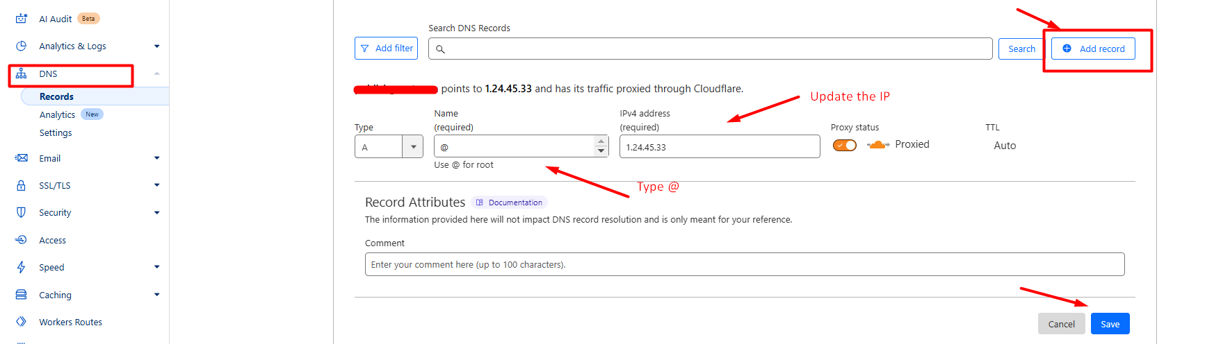 Add A Record in DNS - Cloudflare