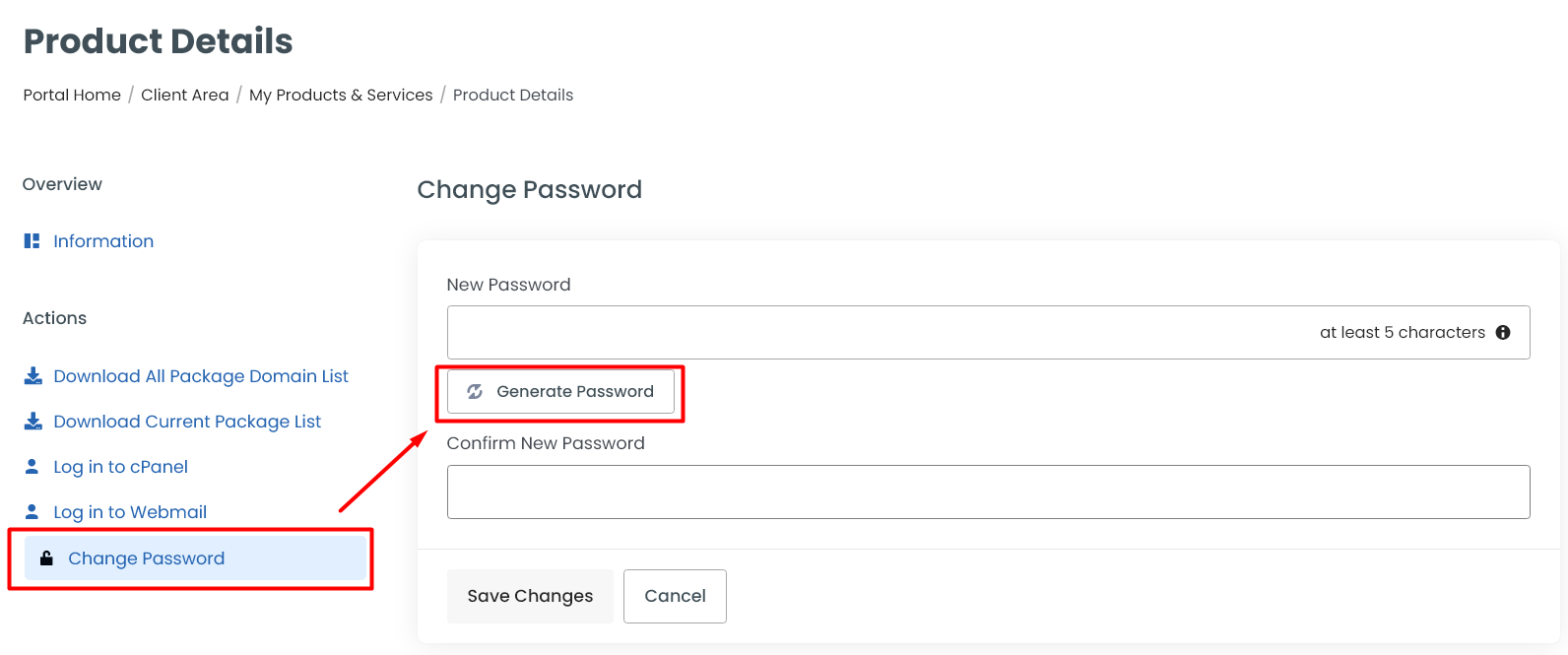 Change Password - Client Area cPanel