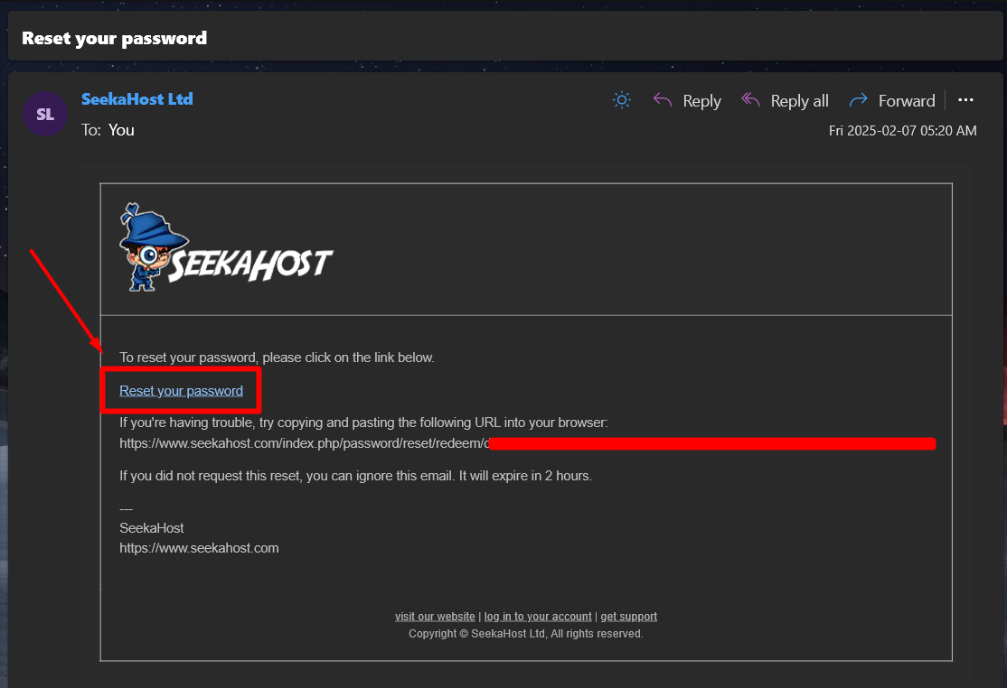 Reset Password Mail - SeekaHost Client Area