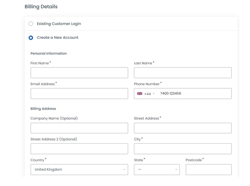 Click create account or enter existing account details